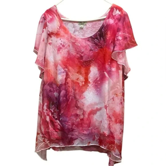 ONE WORLD Pink and Red Flutter Sleeve Blouse - Picture 1 of 15